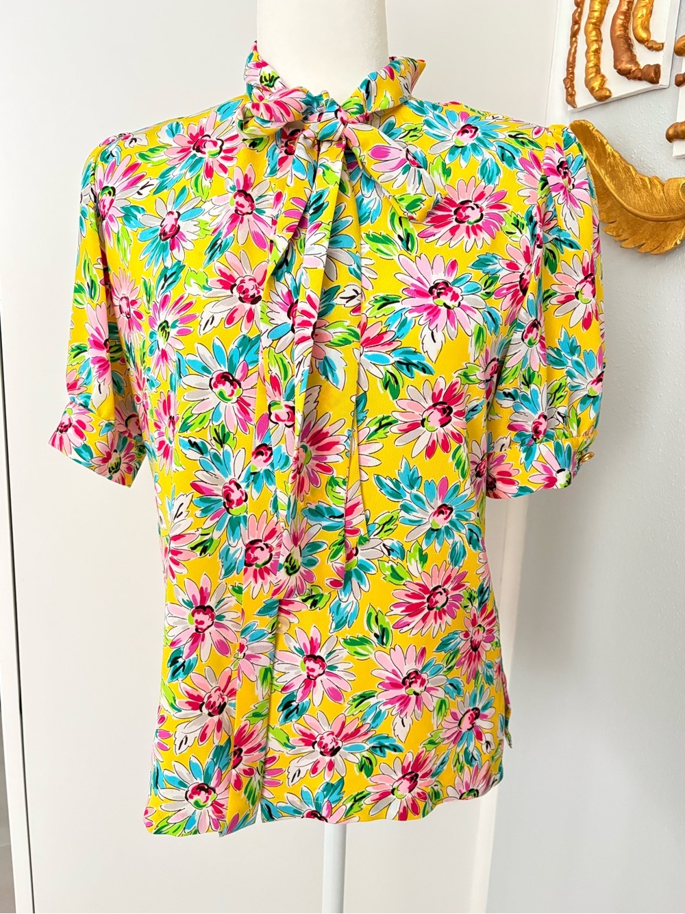 Tie-Neck Floral Blouse in Yellow with Pink & Teal Accents